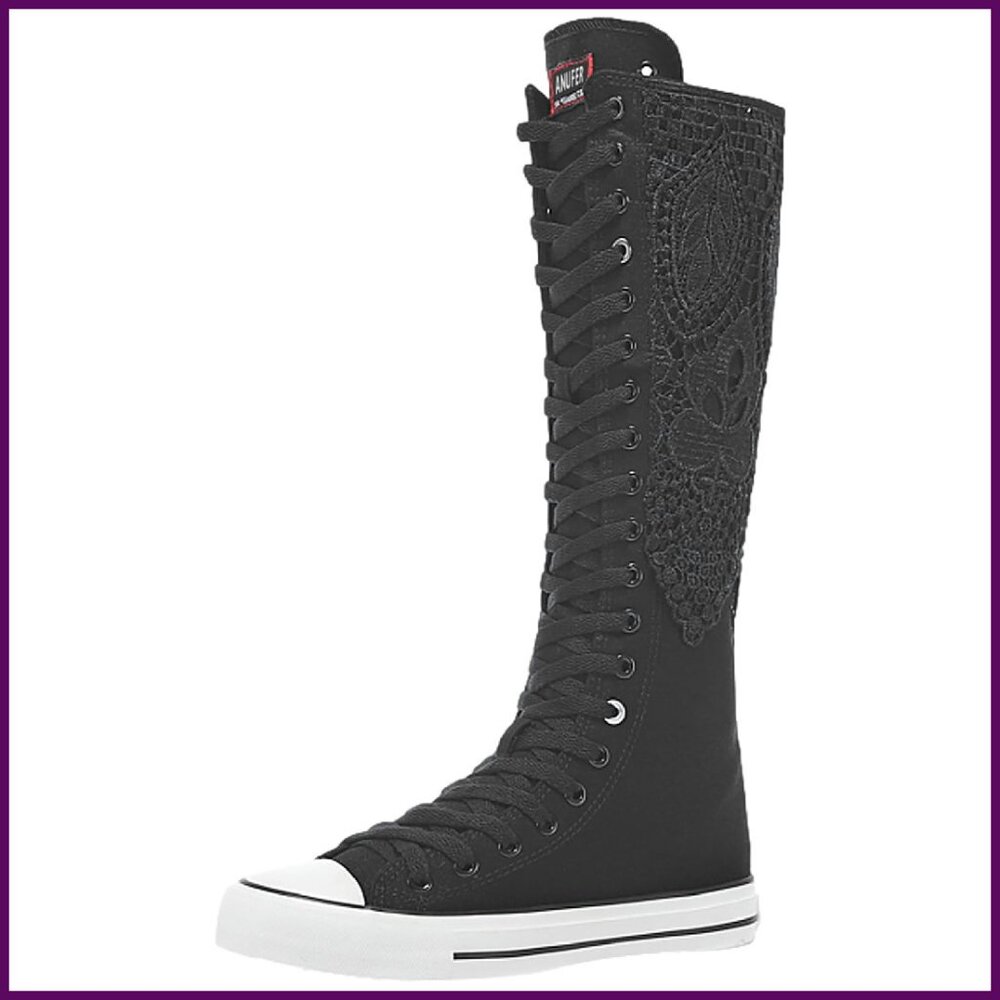 Knee High Canvas Boots with Lace Up & Zip Closure for Dance & Bicycling